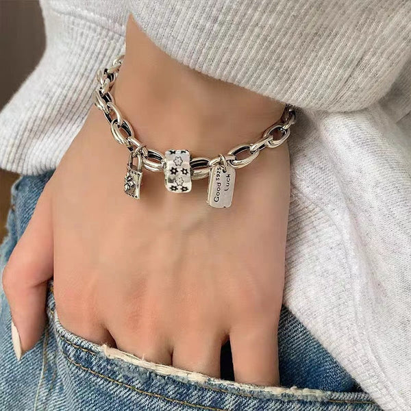 Vintage Presbyopic Lock Head New Year Distressed Hip Hop Pendant Bracelet
